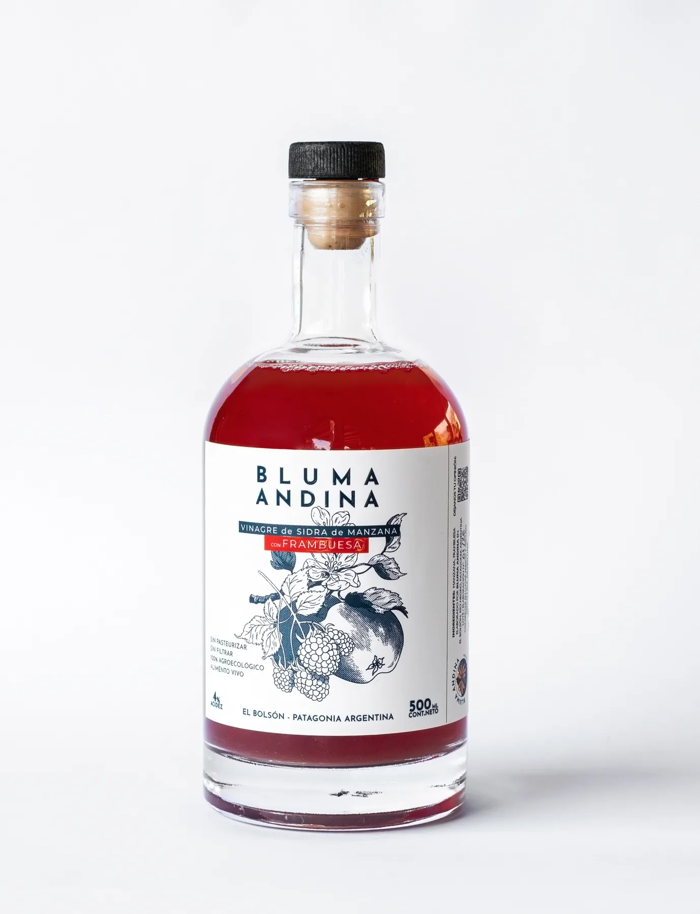 Vinaigre de cidre à la framboise Bluma Andina, bouteille de 500 ml
